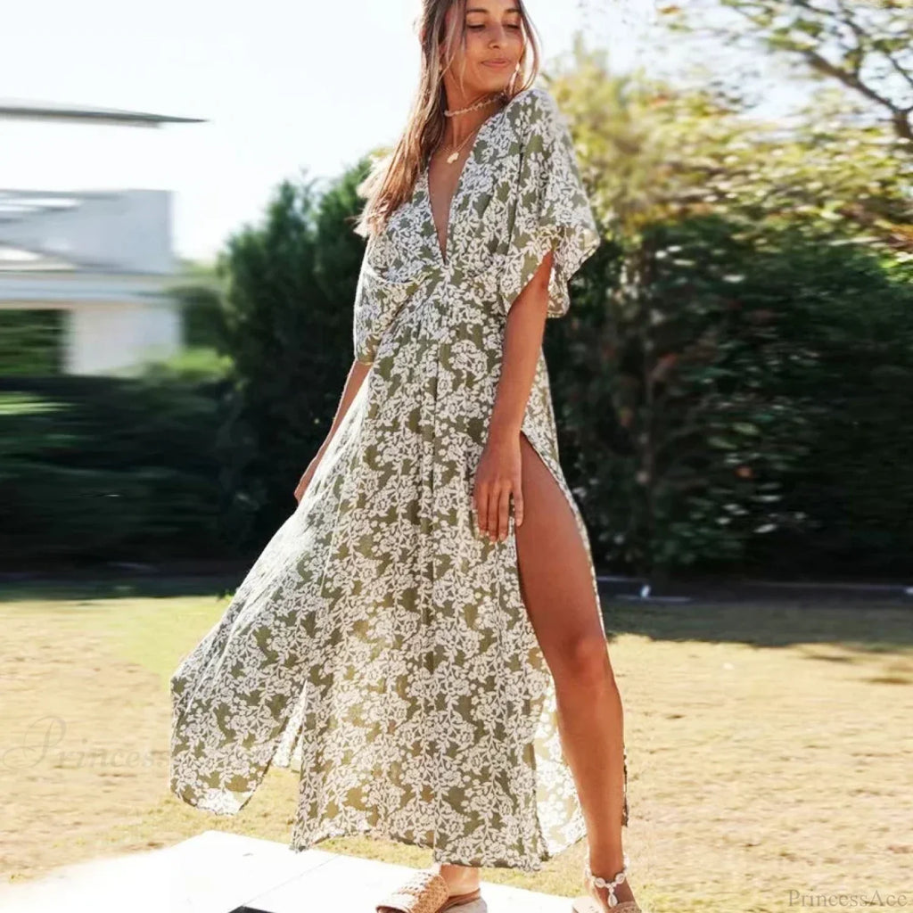 Deep V-Neck Maxi Dress Vintage Floral Print Side Split Boho