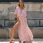 Deep V-Neck Maxi Dress Vintage Floral Print Side Split Boho