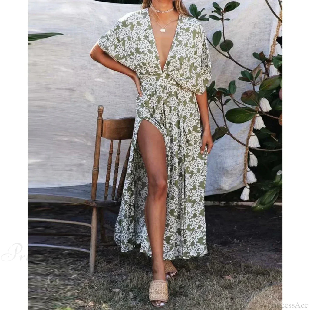 Deep V-Neck Maxi Dress Vintage Floral Print Side Split Boho