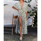 Deep V-Neck Maxi Dress Vintage Floral Print Side Split Boho
