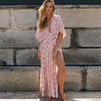 Deep V-Neck Maxi Dress Vintage Floral Print Side Split Boho
