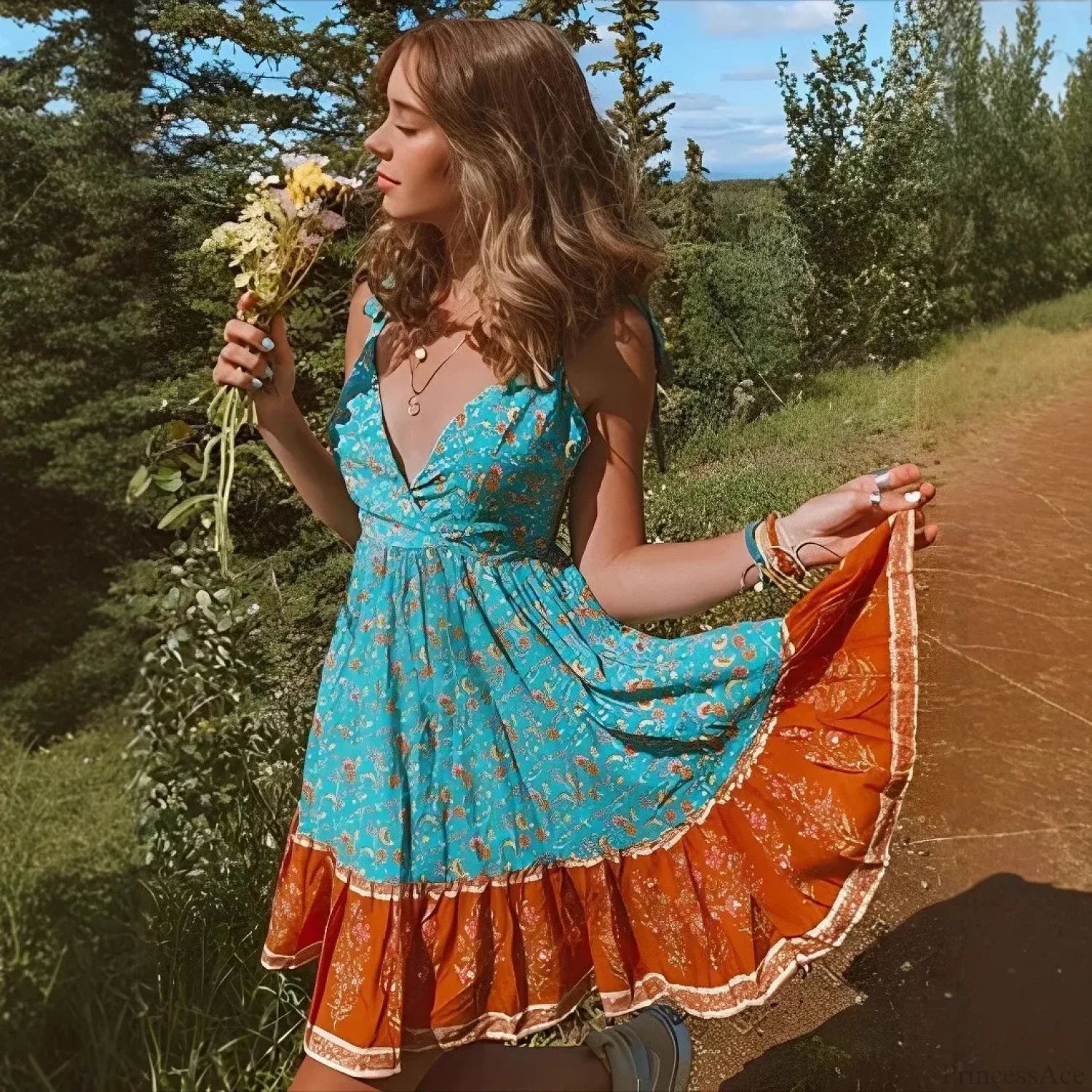 Deep V-Neck Sleeveless Strapless Mini Boho Dress