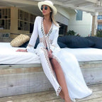 Deep V-Neck White Lace Boho Kimono Bikini Cover Up