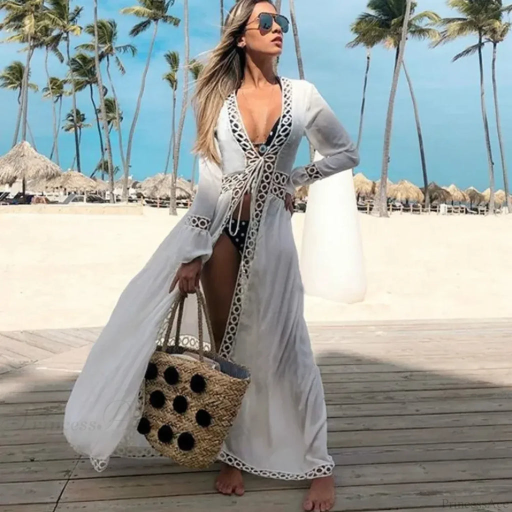 Deep V-Neck White Lace Boho Kimono Bikini Cover Up