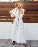 Deep V-Neck White Lace Boho Kimono Bikini Cover Up