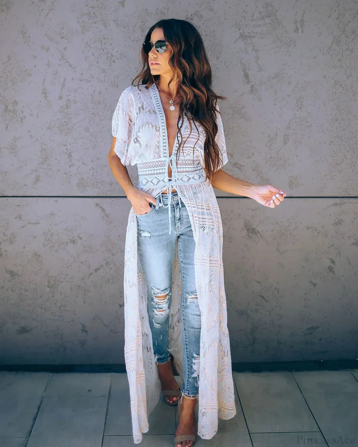 Deep V-Neck White Lace Boho Kimono Bikini Cover Up