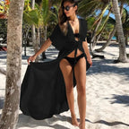 Deep V-Neck White Lace Boho Kimono Bikini Cover Up