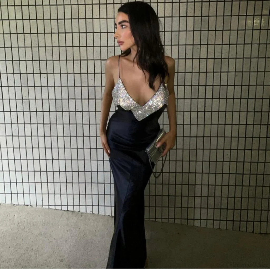 Deep-V Rhinestone Bandage Dress Prom