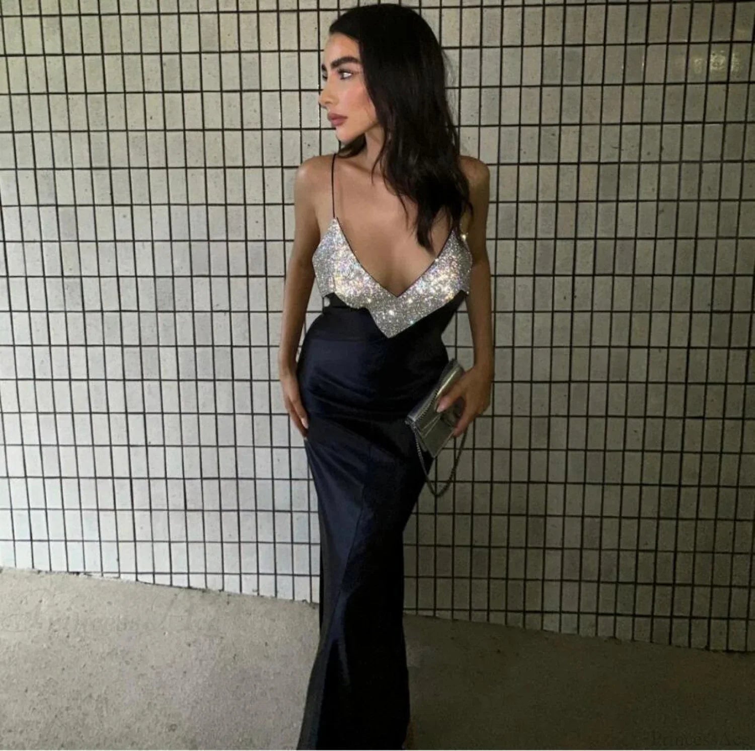 Deep-V Rhinestone Bandage Dress Prom