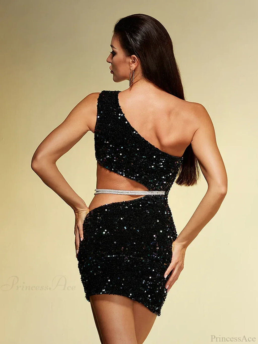 Diagonal Collar Hollow Out Diamonds Chain One Shoulder Party Dress
