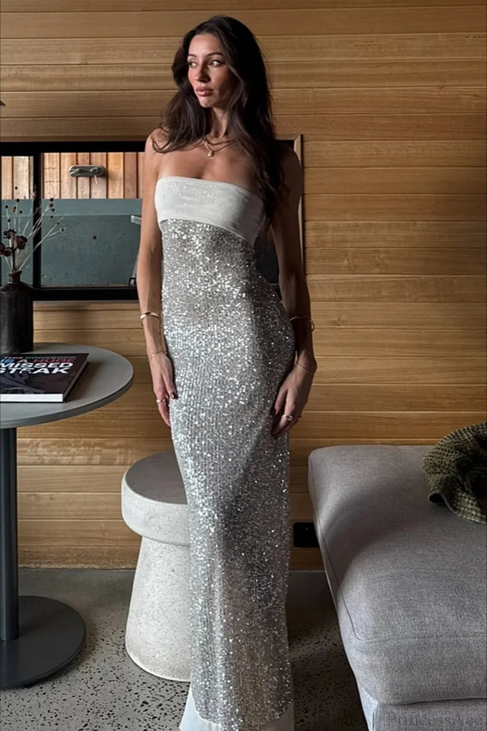 Elegant Sequin Strapless Fitted Slit Backless Evening Dress