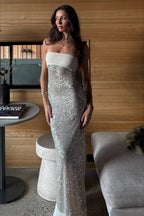 Elegant Sequin Strapless Fitted Slit Backless Evening Dress