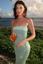 Elegant Sequin Strapless Fitted Slit Backless Evening Dress