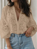 Flared Long Sleeve Tunic V-Neck Blouse