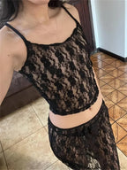 Floral Lace Strap Tank Camis Crop Top With See-Through Long Skirt Set
