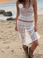 Floral Lace Strap Tank Camis Crop Top With See-Through Long Skirt Set