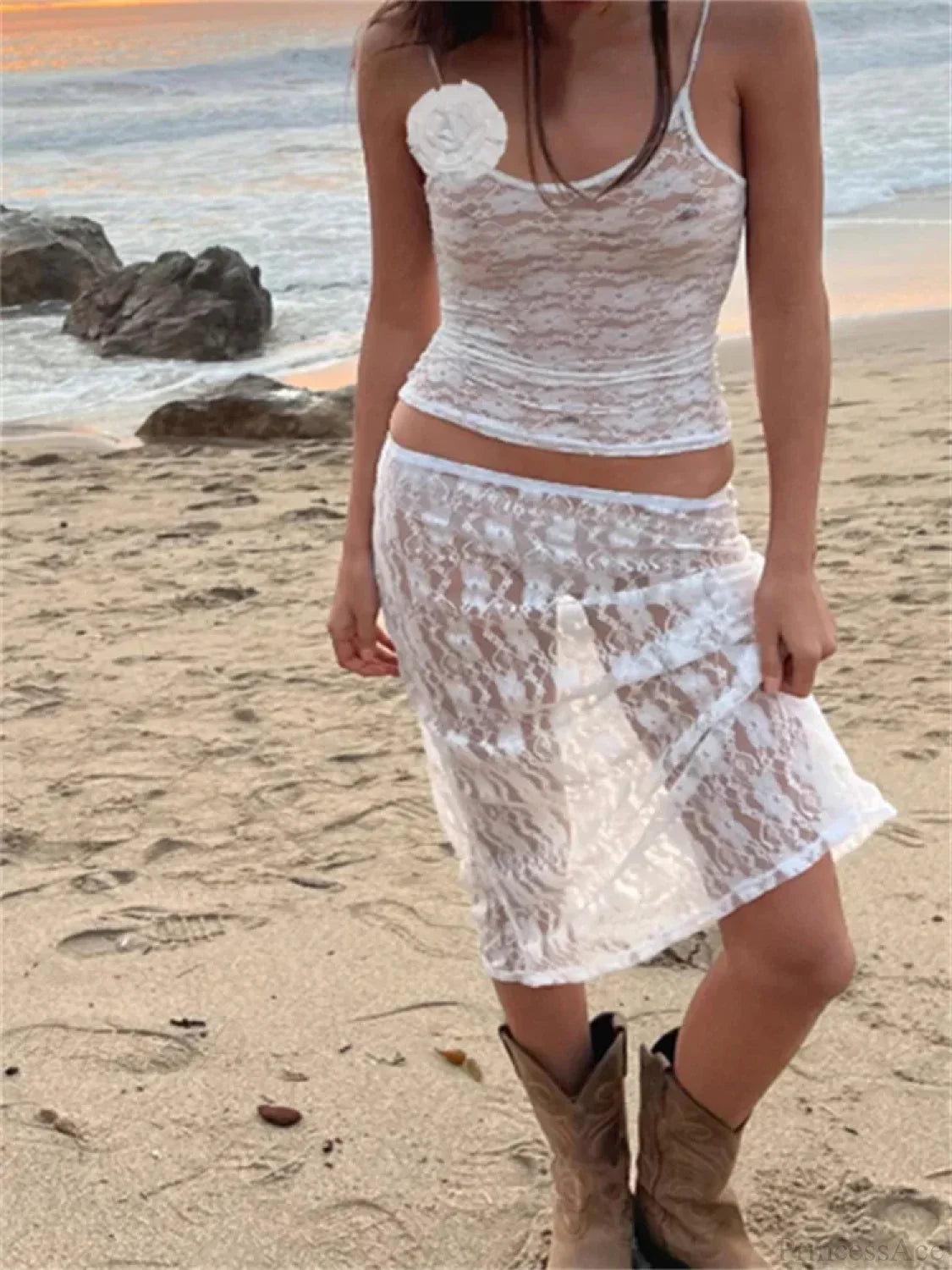 Floral Lace Strap Tank Camis Crop Top With See-Through Long Skirt Set