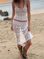 Floral Lace Strap Tank Camis Crop Top With See-Through Long Skirt Set