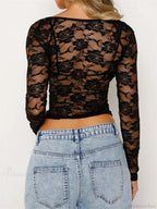 Floral Mesh Sheer Long Sleeve Crop Top