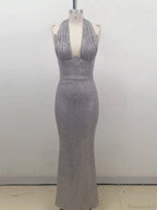 Halter Deep V Neck Sequins Green Sleeveless Backless Celebrity Party Dress