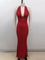 Halter Deep V Neck Sequins Green Sleeveless Backless Celebrity Party Dress