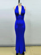 Halter Deep V Neck Sequins Green Sleeveless Backless Celebrity Party Dress