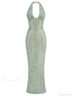 Halter Deep V Neck Sequins Green Sleeveless Backless Celebrity Party Dress