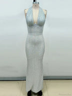 Halter Deep V Neck Sequins Green Sleeveless Backless Celebrity Party Dress