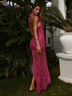 Halter Lace-Up Deep V Neck Lace Ruffles Rose Red Party Dress