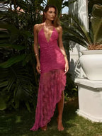 Halter Lace-Up Deep V Neck Lace Ruffles Rose Red Party Dress