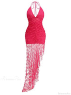 Halter Lace-Up Deep V Neck Lace Ruffles Rose Red Party Dress