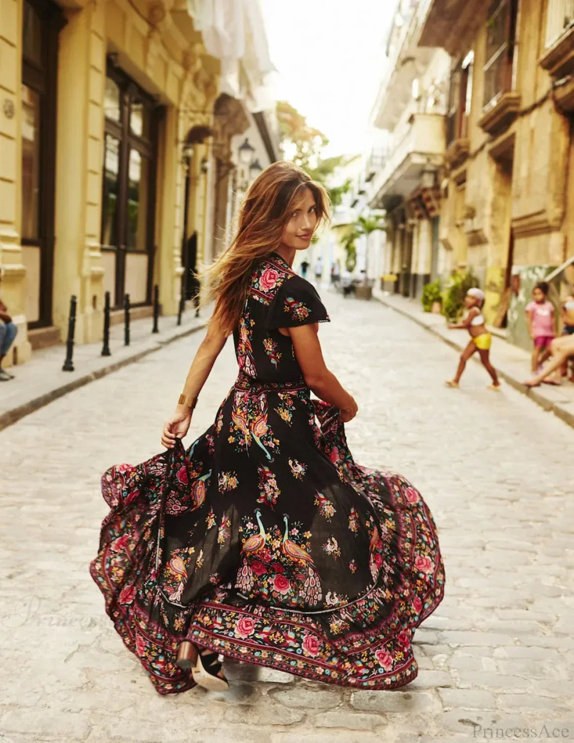 High Split Flare Sleeve Print Rayon Maxi Boho Dress