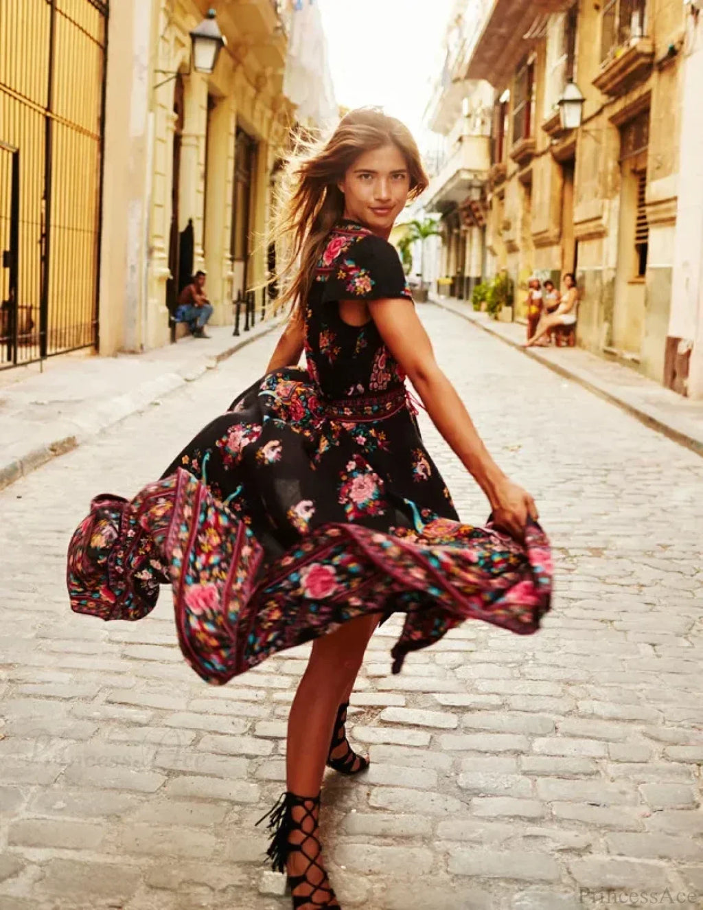 High Split Flare Sleeve Print Rayon Maxi Boho Dress
