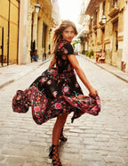 High Split Flare Sleeve Print Rayon Maxi Boho Dress