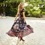 High Split Flare Sleeve Print Rayon Maxi Boho Dress