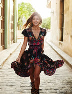 High Split Flare Sleeve Print Rayon Maxi Boho Dress