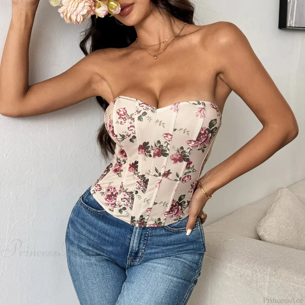 Lace Flower Pattern Corset Low-Cut Tank Top