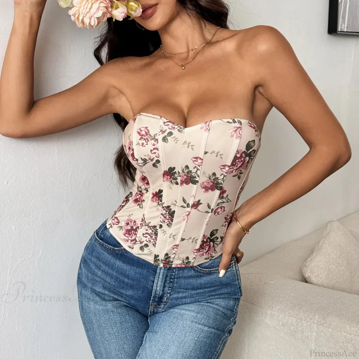 Lace Flower Pattern Corset Low-Cut Tank Top
