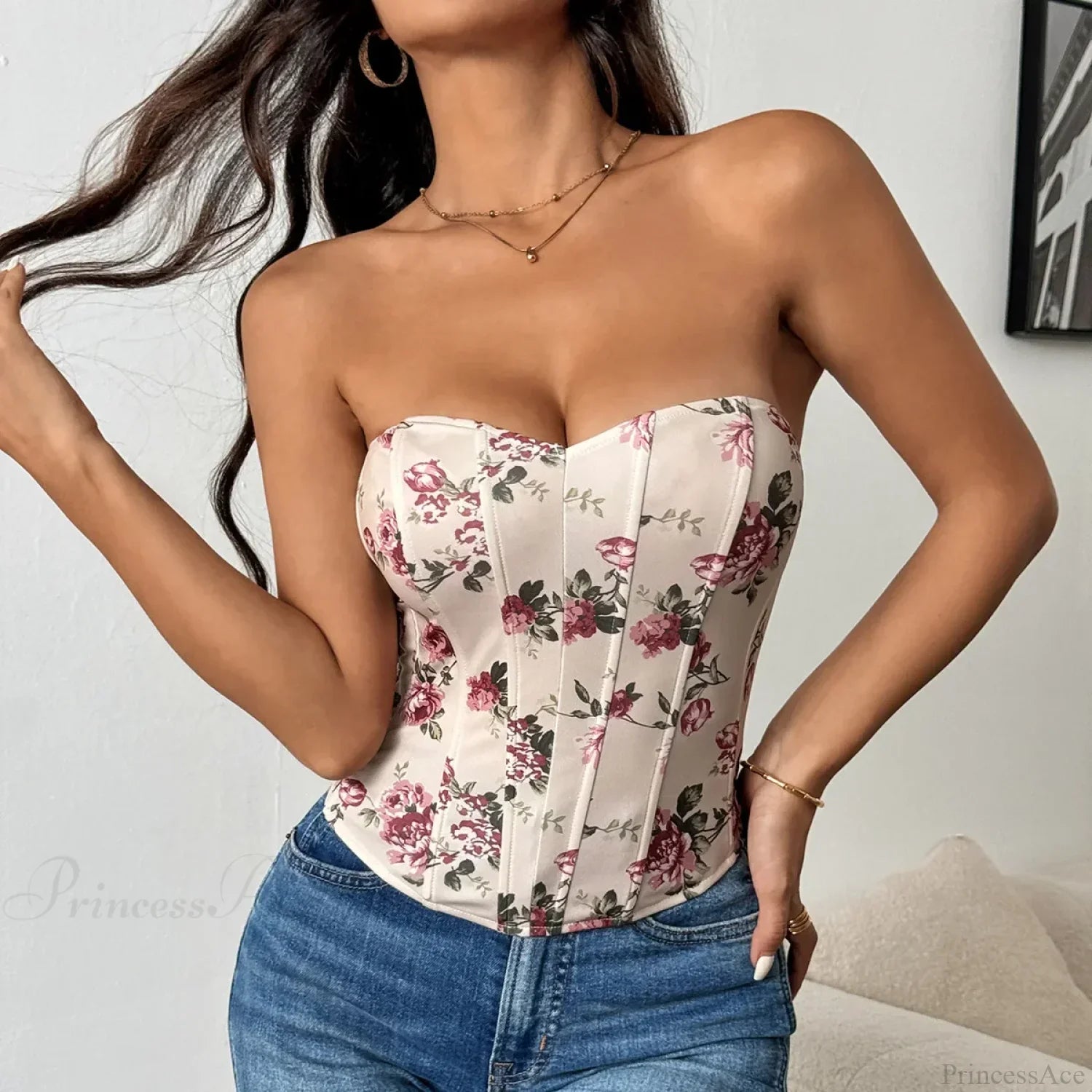 Lace Flower Pattern Corset Low-Cut Tank Top