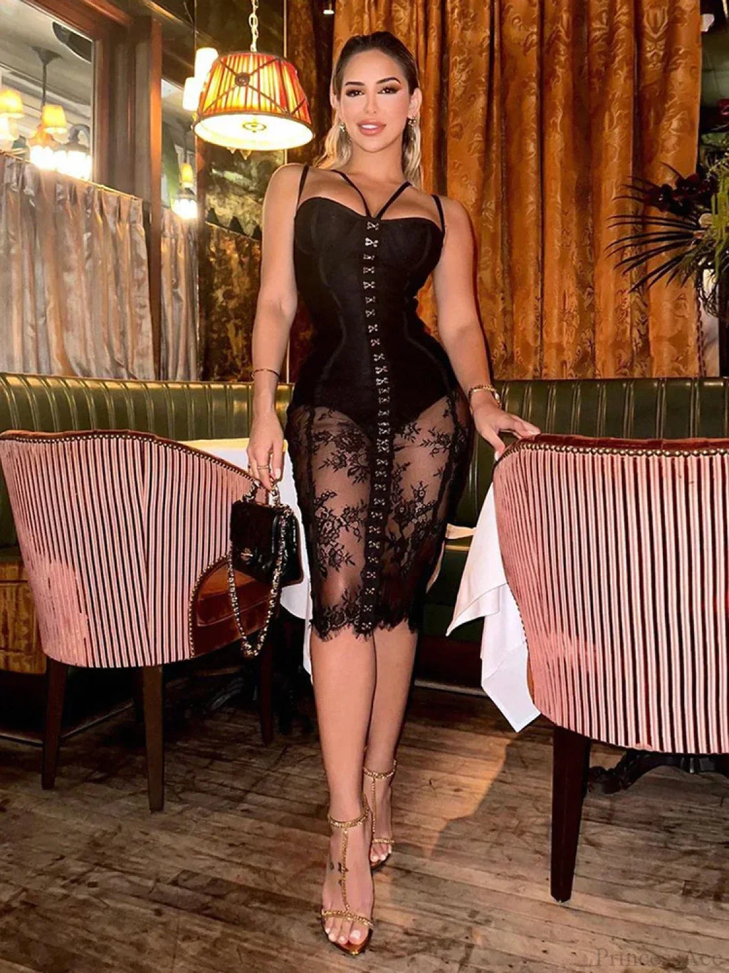 Lace Two-Piece Black Sleeveless Hook-Front See Through Evening Party Dress