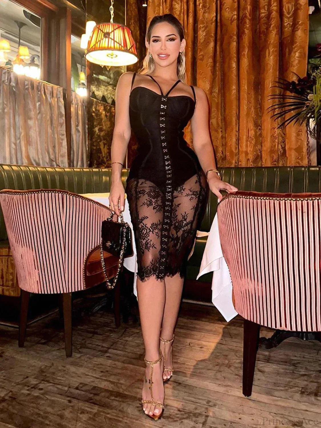 Lace Two-Piece Black Sleeveless Hook-Front See Through Evening Party Dress