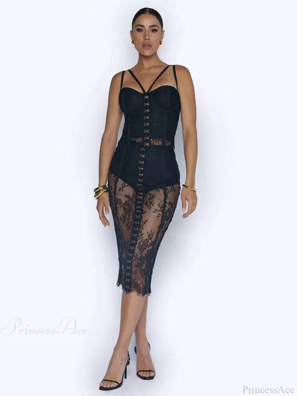 Lace Two-Piece Black Sleeveless Hook-Front See Through Evening Party Dress