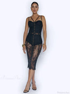 Lace Two-Piece Black Sleeveless Hook-Front See Through Evening Party Dress