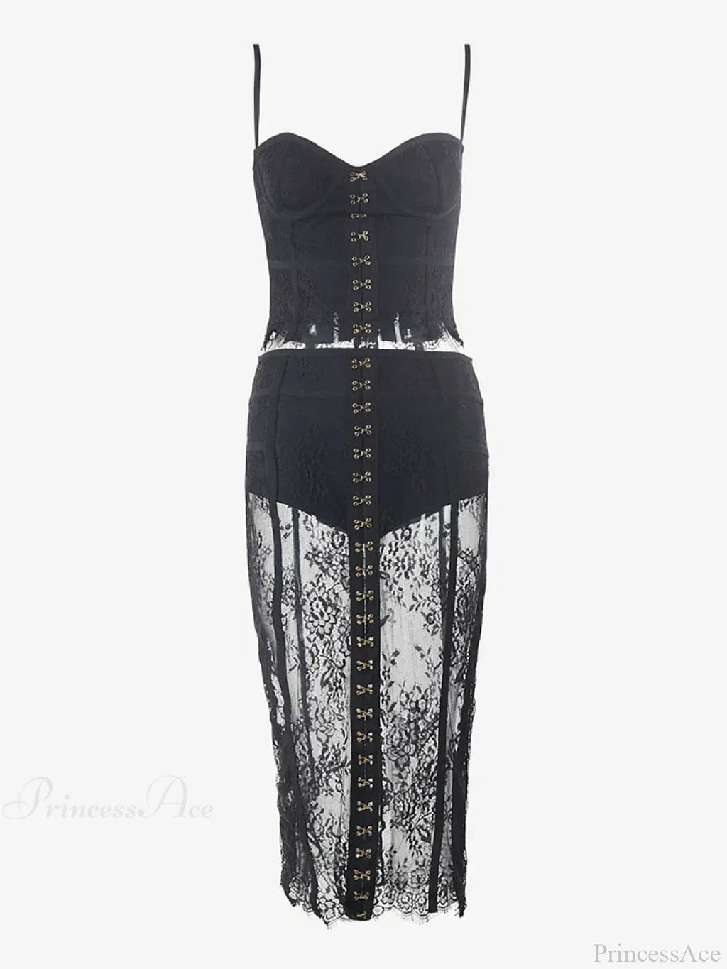 Lace Two-Piece Black Sleeveless Hook-Front See Through Evening Party Dress