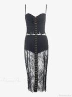Lace Two-Piece Black Sleeveless Hook-Front See Through Evening Party Dress