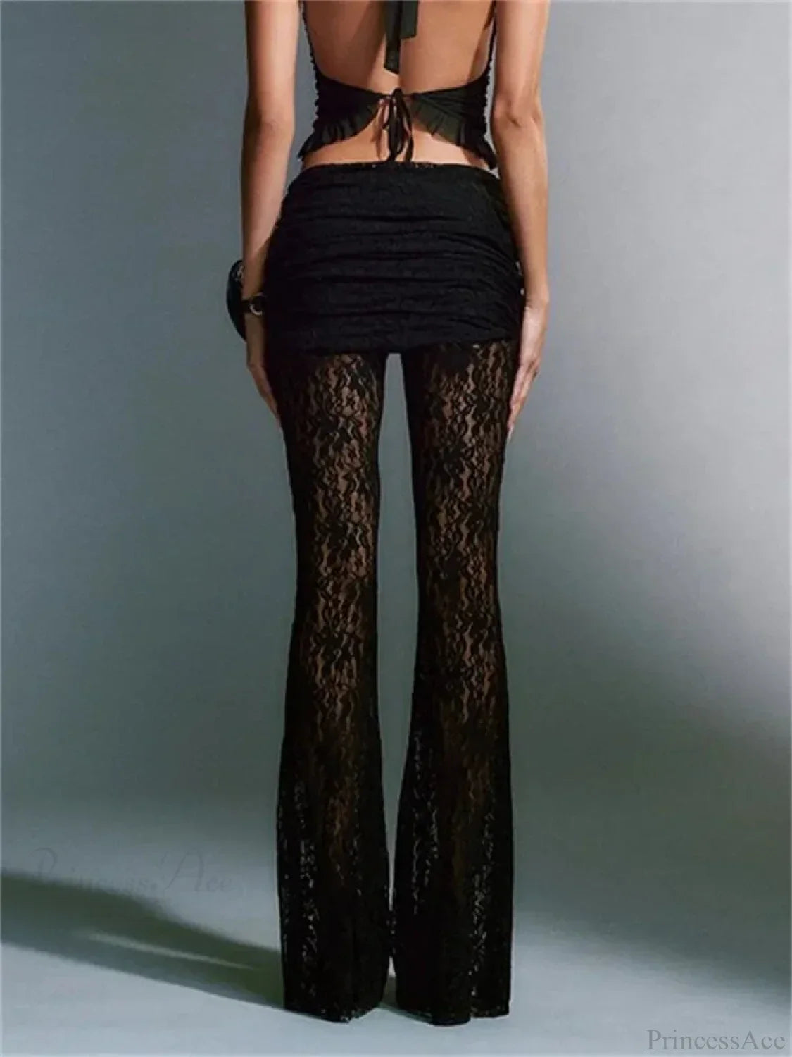 Mesh See-Through High Waist Floral Flared Pant