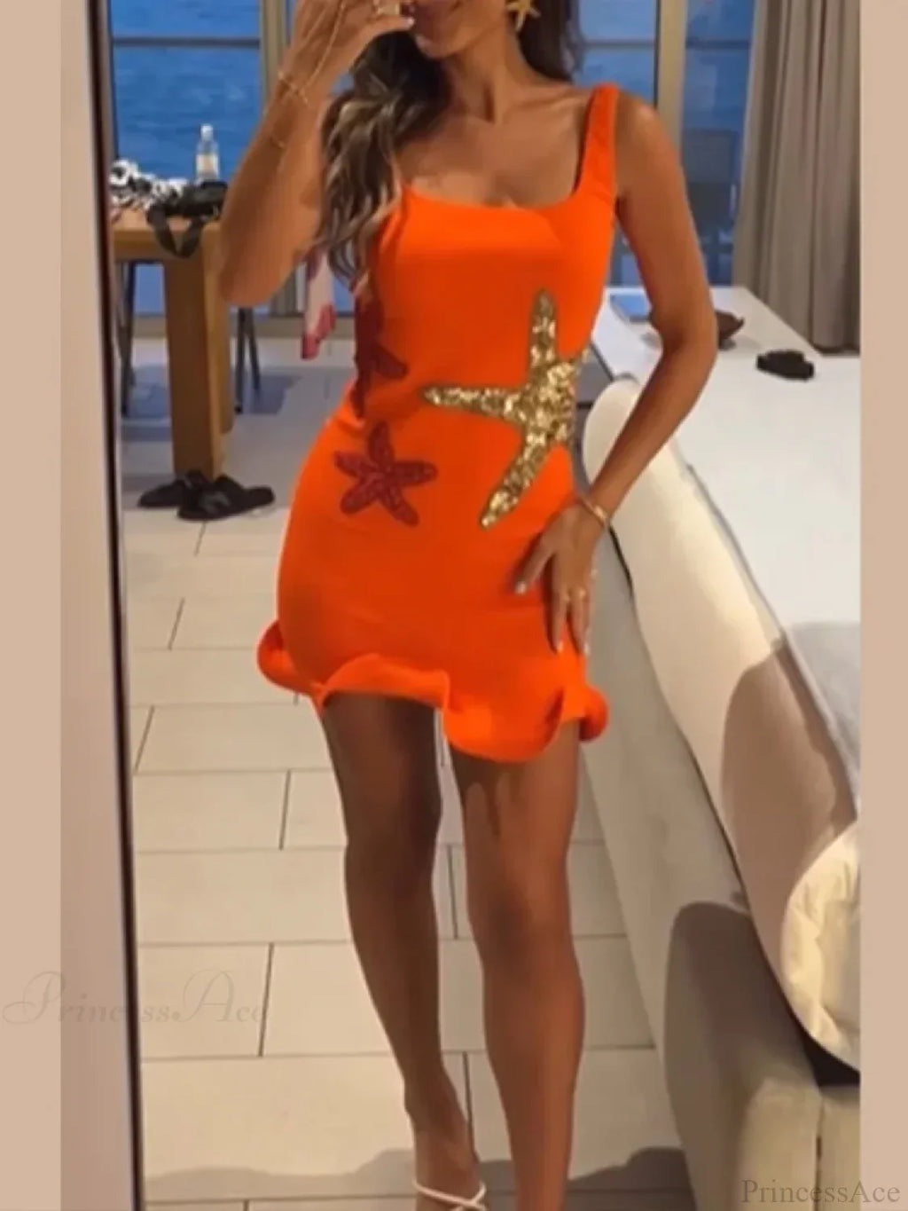 Mini Shiny Sequins Printed Strap Summer Sleeveless Party Dress