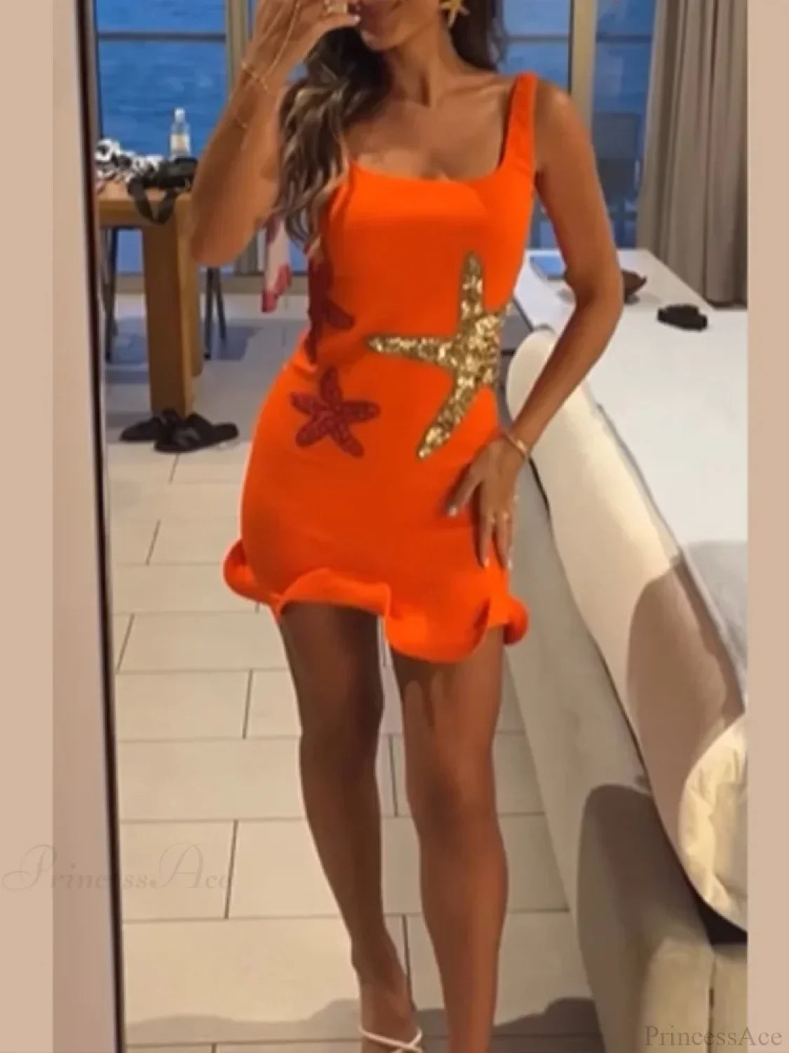 Mini Shiny Sequins Printed Strap Summer Sleeveless Party Dress