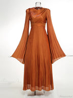 O Neck Batwing Sleeve Pleated Long Dress Women Rose Party