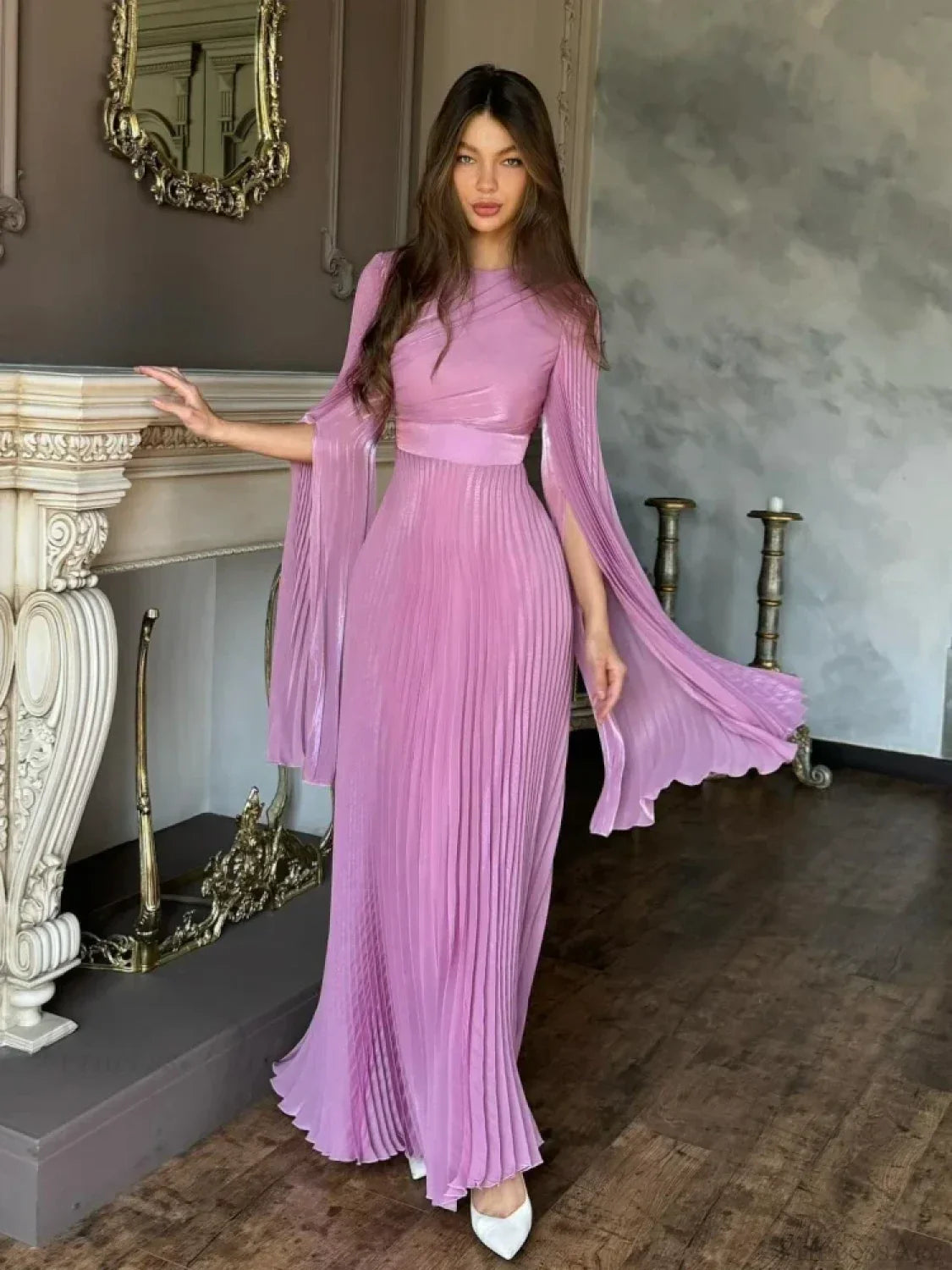 O Neck Batwing Sleeve Pleated Long Dress Women Rose Party